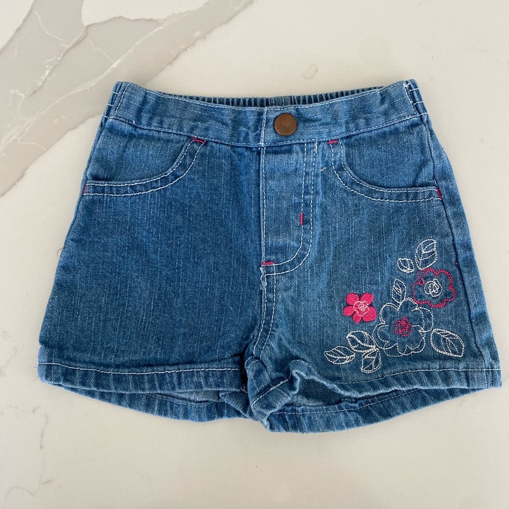 Girls' Blue Denim Shorts with Pink Floral Embroidery